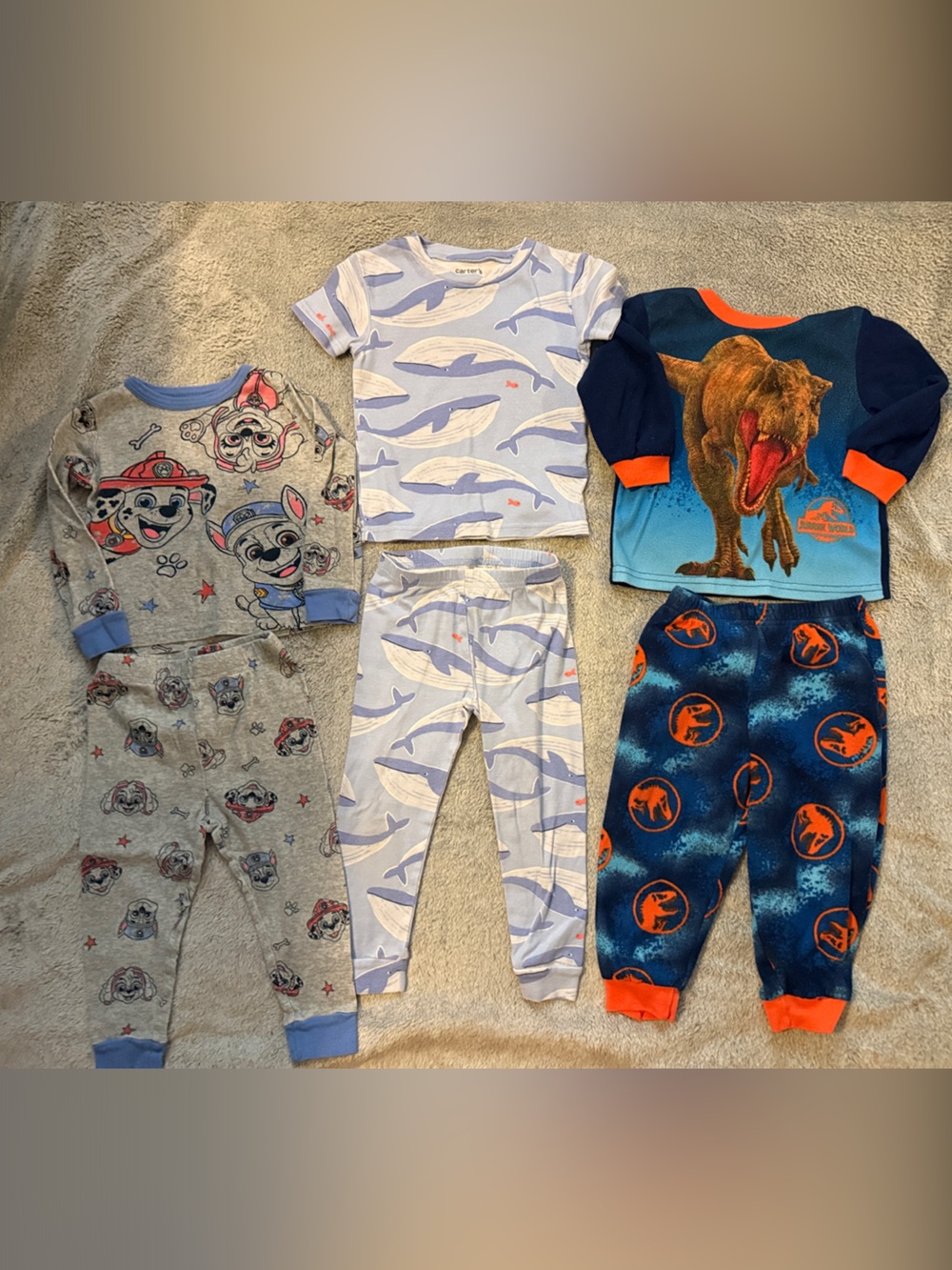 Paw Patrol, Jurassic park and whale pjs